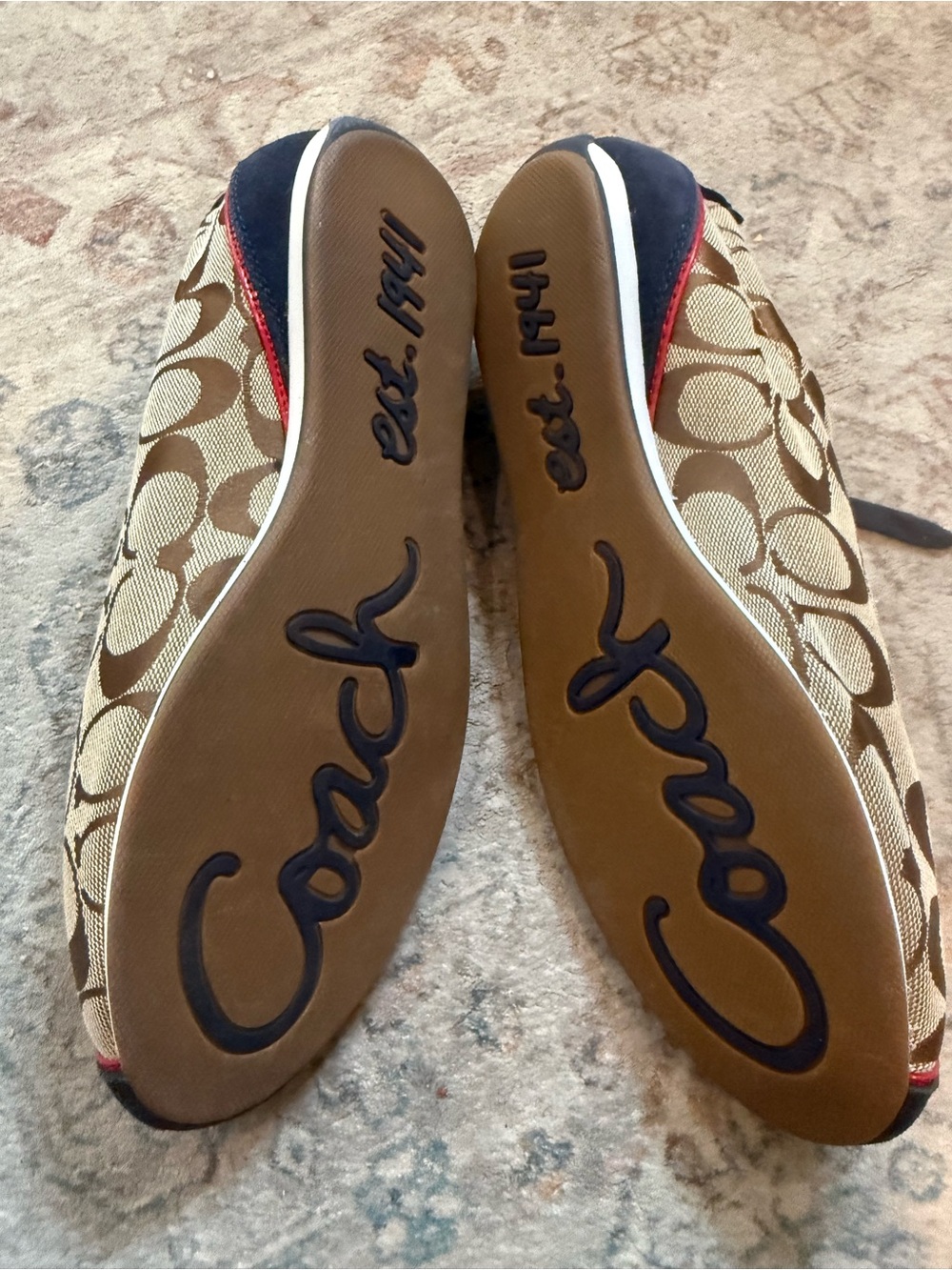 Coach Kids Tan Signature Canvas Sneakers with Navy & Red Accents - Picture 2 of 3